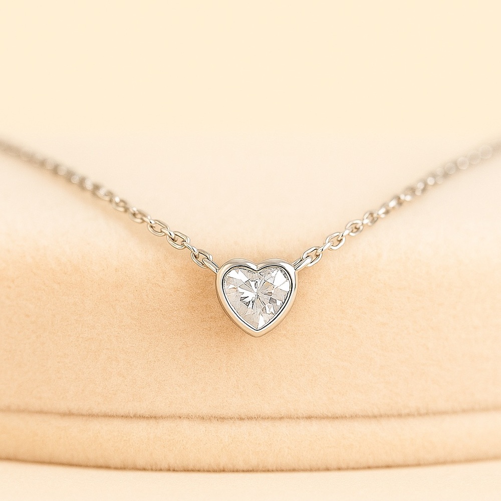 Minimal Heart Moissanite Necklace Sterling Silver Dainty Everyday